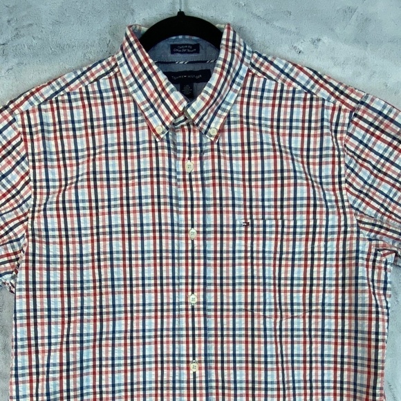 Tommy Hilfiger Shirt Mens Large Short Sleeve Button Down Seersucker Custom Fit - Picture 11 of 11